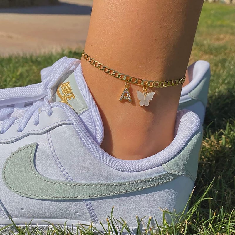 VIROMY 14K Gold Plated Dainty Butterfly Initial Ankle Bracelets Handmade Cuban Chain White Butterfly A-Z Alphabet Letter Initial Anklets Personalized Summer Beach Jewelry Gifts for Women - Image 3